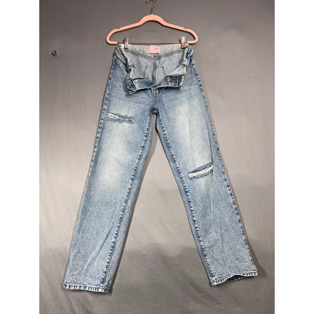 Revice Denim Y2k Acid Wash High Rise Fold Over Straight Leg Jeans Distressed